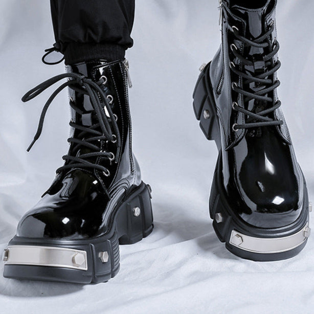 Metal plated Derby boots shiny black chunky sole round toe brogues patent faux leather catwalk shoes grunge fashion