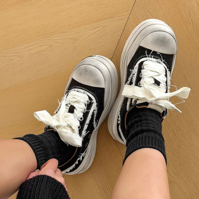 Platform distressed denim sneakers black round toe chunky skater shoes grunge jean trainers