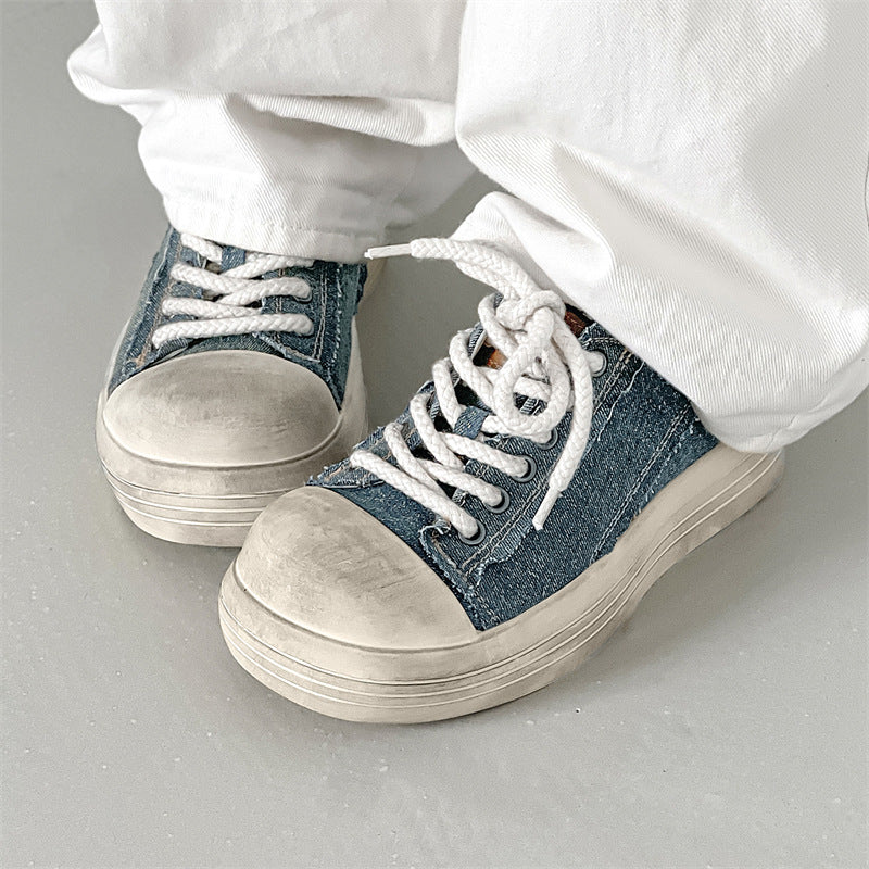 Denim sneakers off white round toe chunky skater shoes grunge platform trainers