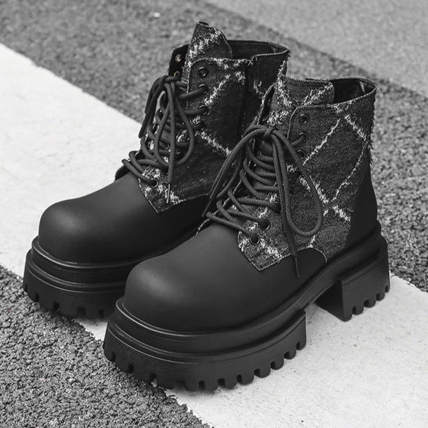 Utility denim finish boots black tractor platform catwalk shoes big sole grunge punk trainers 90s style