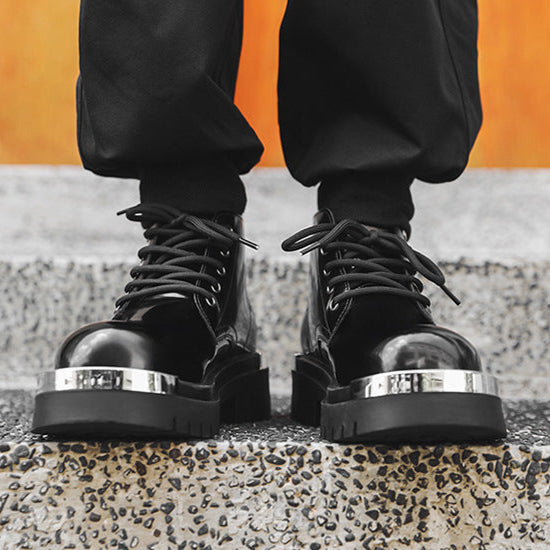 Metal plated ankle boots black shiny patent faux leather chunky sole round toe grunge shoes