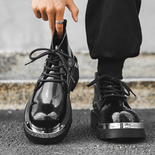 Metal plated ankle boots black shiny patent faux leather chunky sole round toe grunge shoes