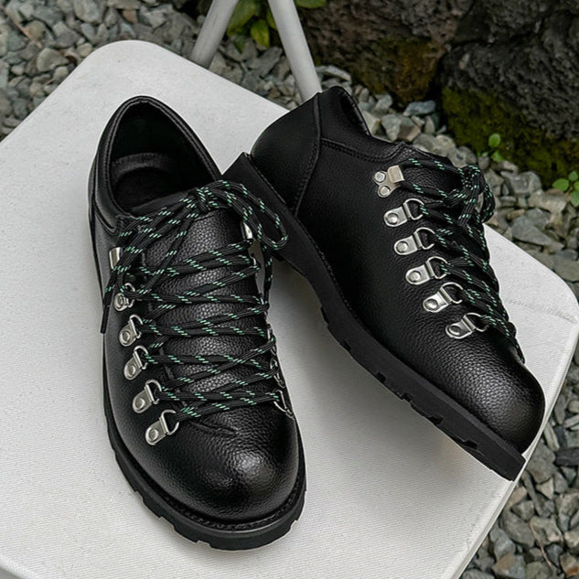 Hiking style shoes black faux leather flat sole round toe grunge boat sneakers retro casual mountain trainers