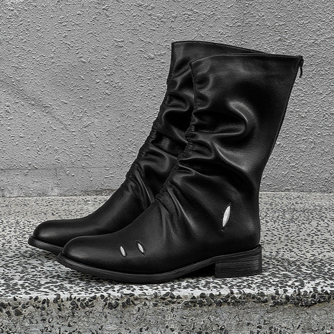 Long wrinkled catwalk boots black faux leather flat sole ankle shoes punk rocker shoes edgy 90s style