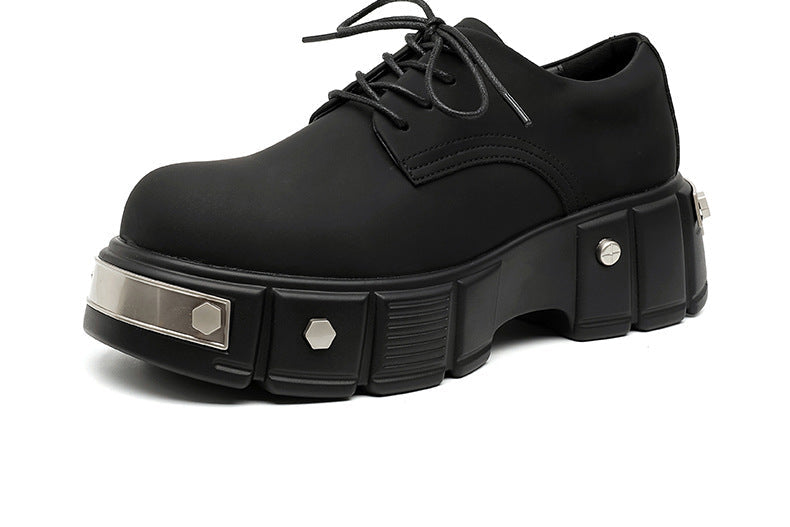 Metal plated Derby shoes matte black chunky sole round toe brogues faux leather catwalk shoes grunge fashion