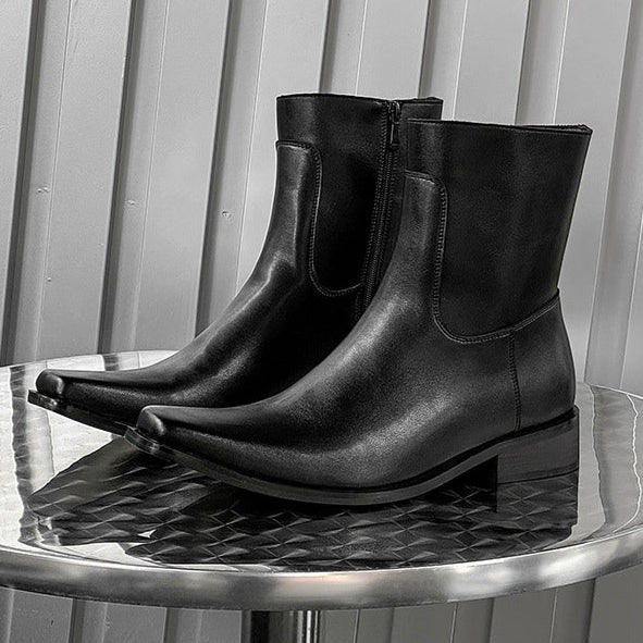 Pointy toe unisex boots black faux leather cowboy shoes high heel catwalk Chelsea boot