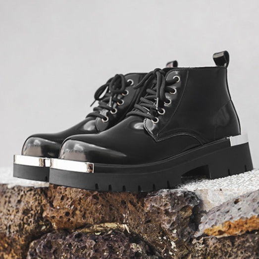 Metal plated ankle boots black shiny patent faux leather chunky sole round toe grunge shoes