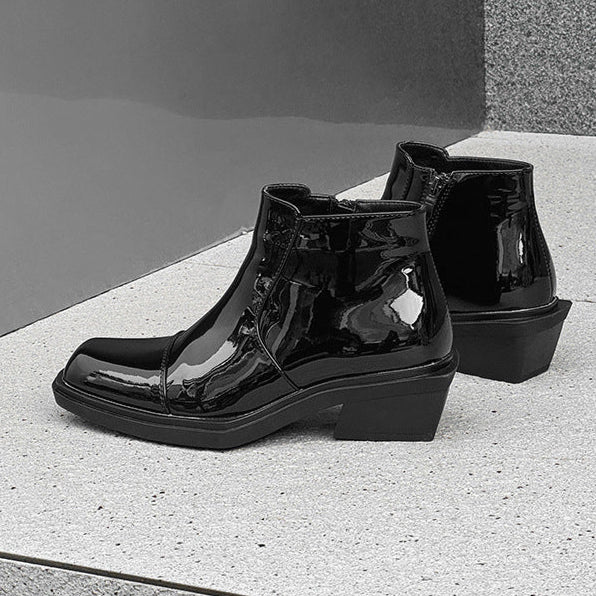 Pointy toe shiny ankle boots black unisex patent faux leather cowboy shoes high heel catwalk Chelsea boot