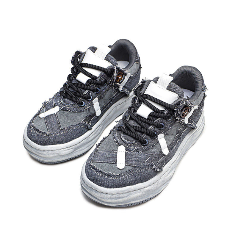 Melted platform denim sneakers grey round toe chunky skater shoes grunge jean trainers