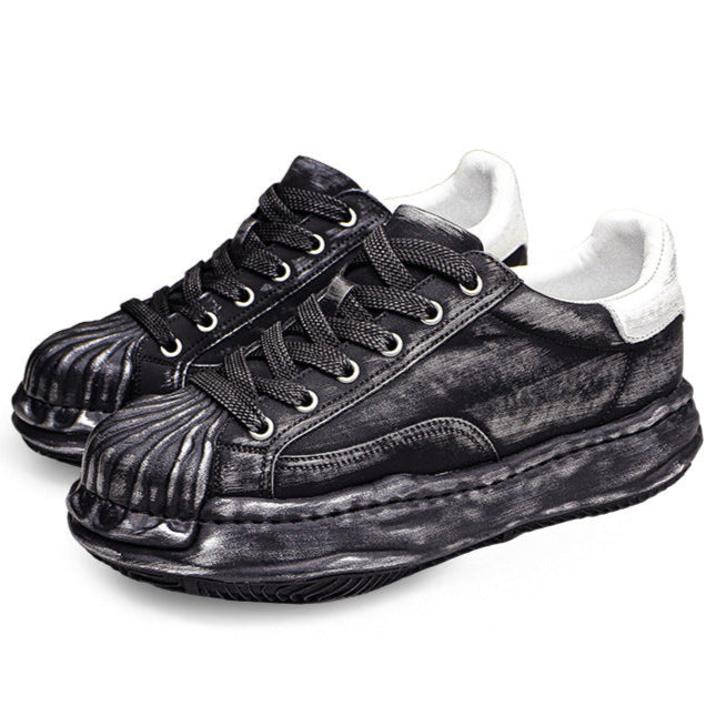 Oil wash melted platform sneakers black round toe chunky skater shoes grunge rapper trainers
