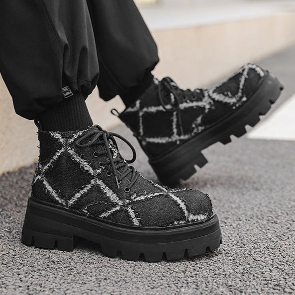 Distressed denim boots grey high platform rocker shoes big sole grunge trainers 80s style