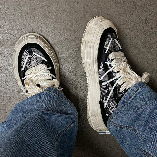 Melted platform denim sneakers camo round toe chunky skater shoes grunge jean trainers