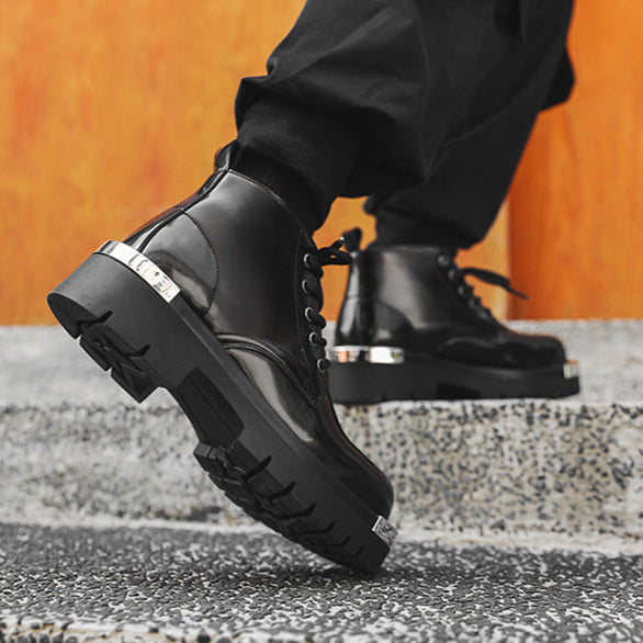Metal plated ankle boots black shiny patent faux leather chunky sole round toe grunge shoes
