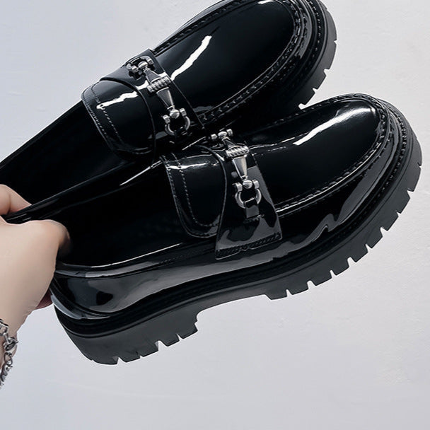 Square toe chained boat shoes black shiny patent faux leather chunky sole smart boots