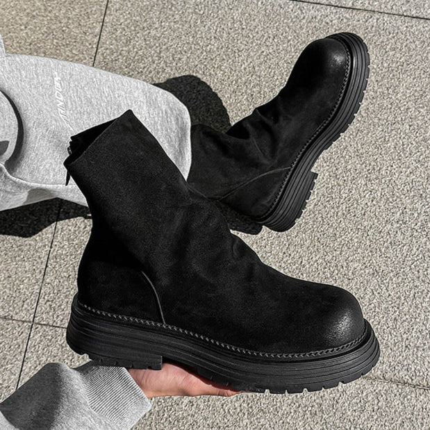 Wrinkled faux suede boots black tractor sole slip on ankle shoes hiking shoes edgy work trainers