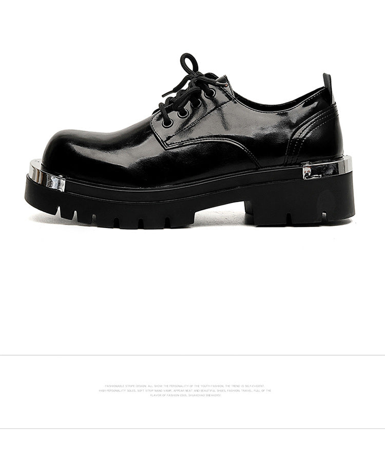 Metal plated Derby shoes matte black chunky sole round toe brogues faux leather catwalk shoes grunge fashion