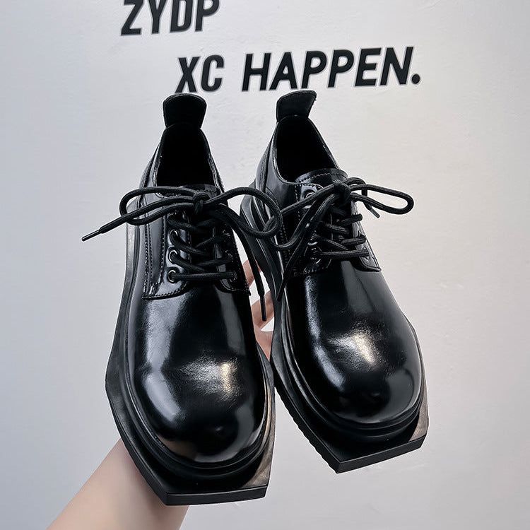 Asymmetric platform patent faux leather shoes black shiny round toe chunky sole catwalk shoes grunge fashion boots