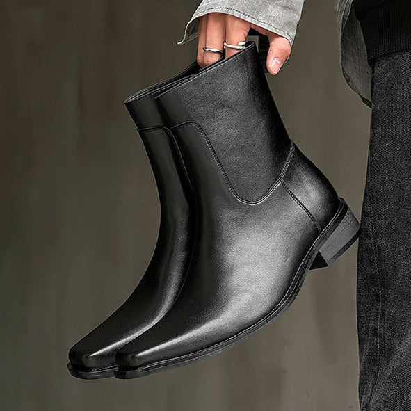 Pointy toe unisex boots black faux leather cowboy shoes high heel catwalk Chelsea boot