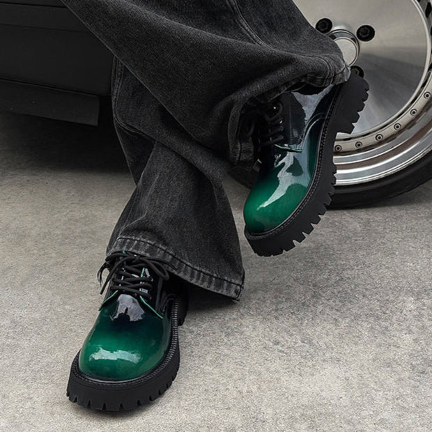 Tractor platform Derby shoes emerald green patent faux leather chunky sole grunge E-boy boots
