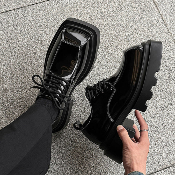 Square toe Derby shoes black shiny chunky sole brogues catwalk shoes grunge fashion boots