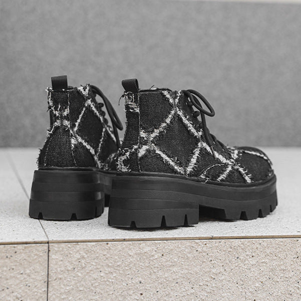 Distressed denim boots grey high platform rocker shoes big sole grunge trainers 80s style