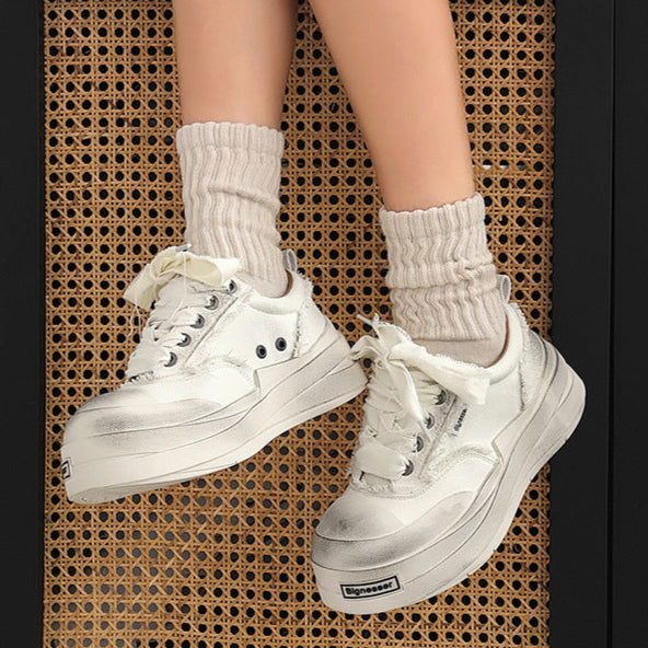 Platform distressed denim sneakers black round toe chunky skater shoes grunge jean trainers