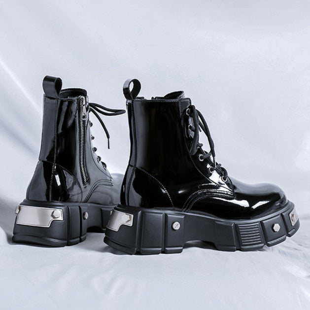 Metal plated Derby boots shiny black chunky sole round toe brogues patent faux leather catwalk shoes grunge fashion