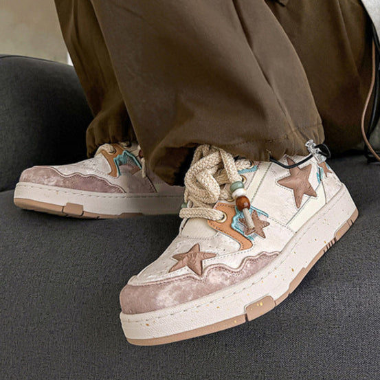 Star patchwork sneakers beige sea life shoes chunky sole hip-hop trainers 00s style