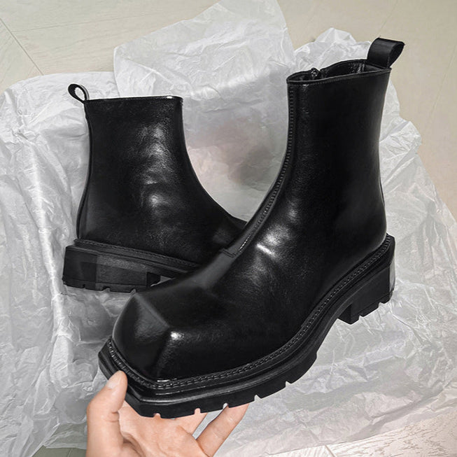 Square toe platform boots black chunky sole punk rocker shoes 90s style grunge ankle boots