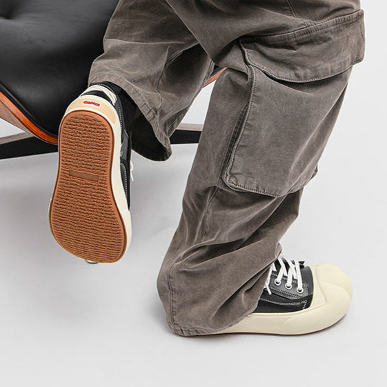 Platform faux leather sneakers black futuristic round toe chunky sole skater shoes grunge punk trainers