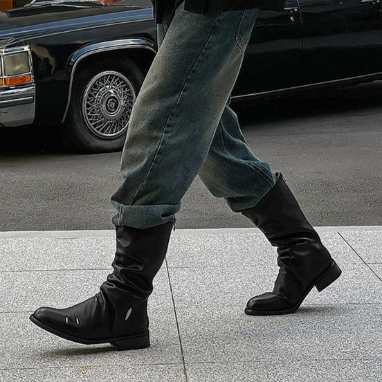 Long wrinkled catwalk boots black faux leather flat sole ankle shoes punk rocker shoes edgy 90s style