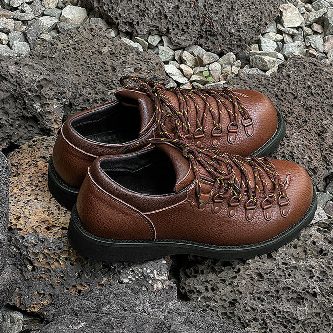 Hiking style shoes black faux leather flat sole round toe grunge boat sneakers retro casual mountain trainers