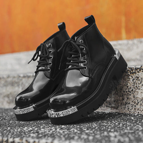 Metal plated ankle boots black shiny patent faux leather chunky sole round toe grunge shoes