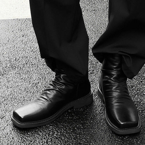 Square toe winkled ankle boots black faux leather flat sole Gothic style shoes grunge punk rocker trainers 80s style