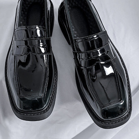 Square toe boat shoes black shiny patent faux leather chunky sole smart boots