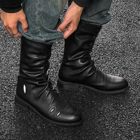 Long wrinkled catwalk boots black faux leather flat sole ankle shoes punk rocker shoes edgy 90s style