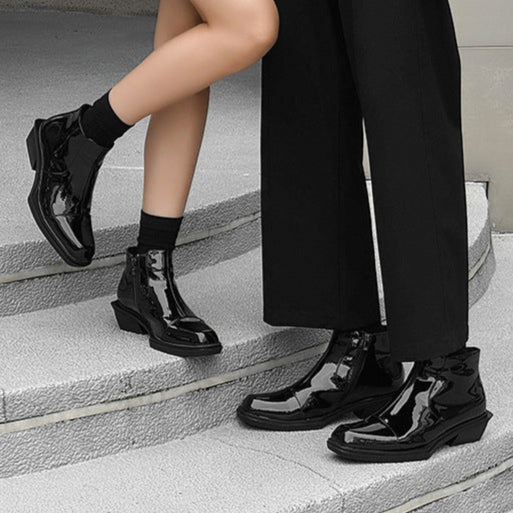 Pointy toe shiny ankle boots black unisex patent faux leather cowboy shoes high heel catwalk Chelsea boot