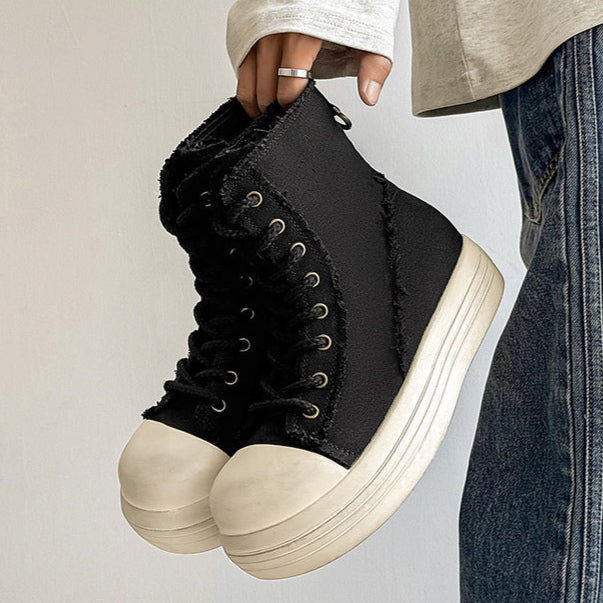 Platform denim boots white platform catwalk jean shoes big sole grunge punk trainers 00s style