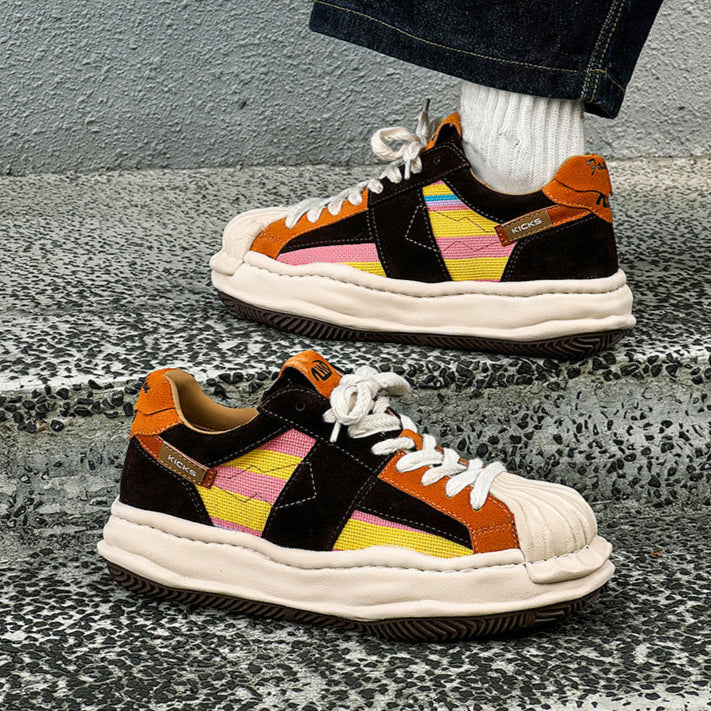 Melted platform denim sneakers rainbow  round toe chunky skater shoes grunge suede feel LGBT trainers