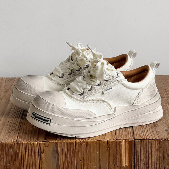 Platform distressed denim sneakers off white round toe chunky skater shoes grunge jean trainers