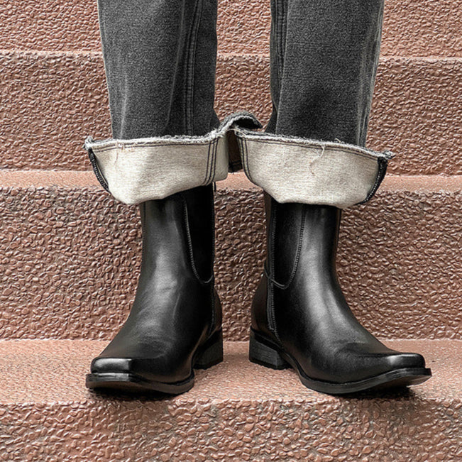Pointy toe unisex boots black faux leather cowboy shoes high heel catwalk Chelsea boot