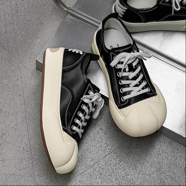 Platform faux leather sneakers black futuristic round toe chunky sole skater shoes grunge punk trainers