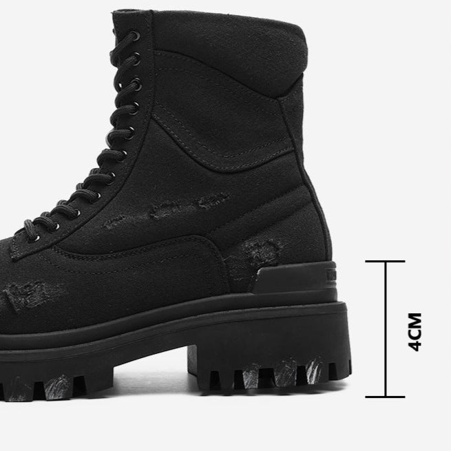 Grunge denim boots black ripped jean ankle shoes tractor sole hiking shoes edgy mountain trainers