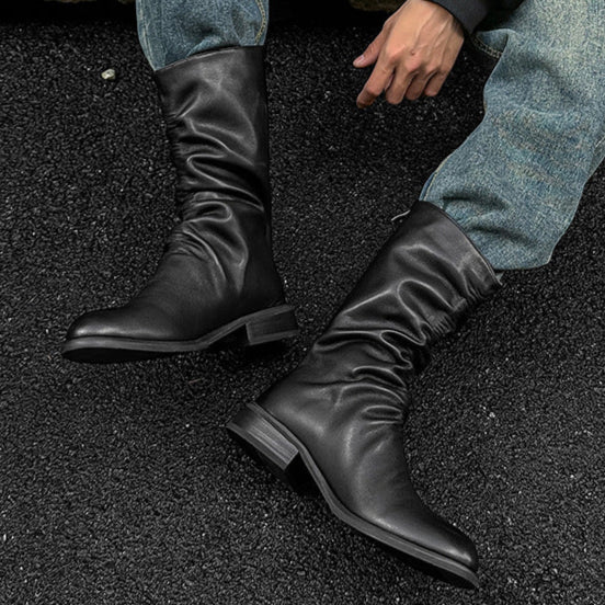 Long wrinkled catwalk boots black faux leather flat sole ankle shoes punk rocker shoes edgy 90s style
