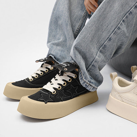 Star patchwork denim sneakers black denim shoes chunky sole hip-hop trainers 00s style