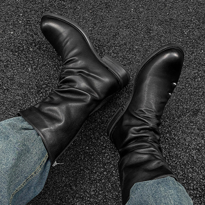 Long wrinkled catwalk boots black faux leather flat sole ankle shoes punk rocker shoes edgy 90s style