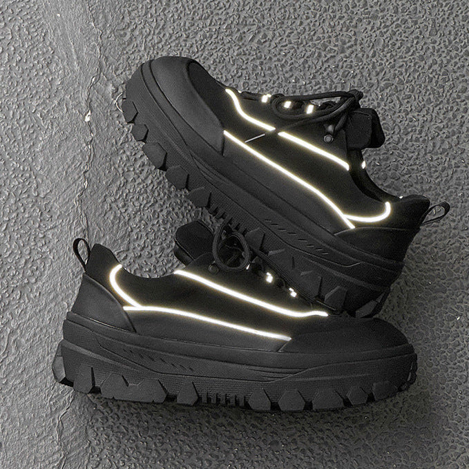 Reflective platform sneakers black hiking style shoes mountain boots grunge retro skiing fashion catwalk trainers