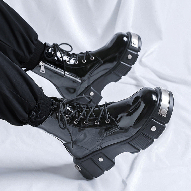 Metal plated Derby boots shiny black chunky sole round toe brogues patent faux leather catwalk shoes grunge fashion