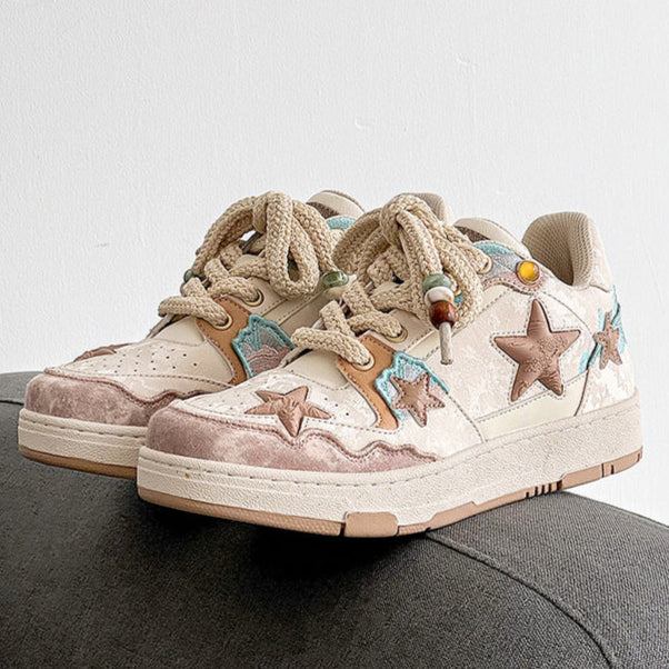 Star patchwork sneakers beige sea life shoes chunky sole hip-hop trainers 00s style