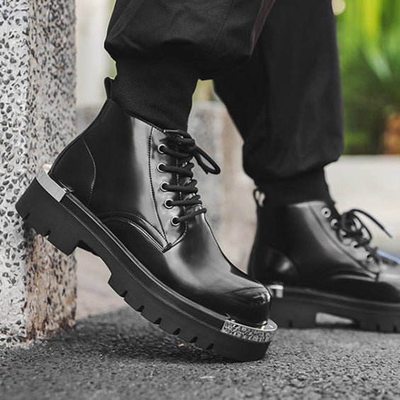 Metal plated ankle boots black shiny patent faux leather chunky sole round toe grunge shoes